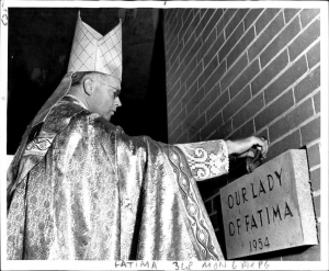 Archbishop Connolly lays the cornerstone of the first church in 1954, just two years after the parish was established.